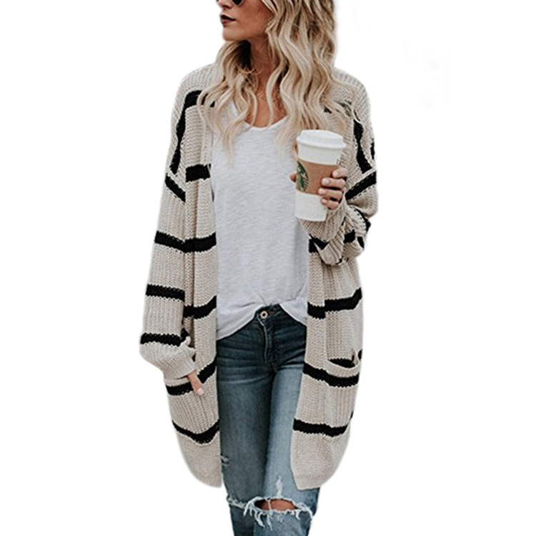 Mid-length striped colorblock knit cardigan sweater