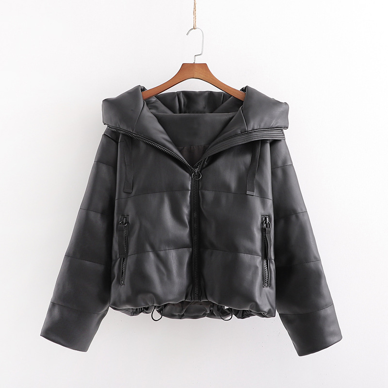 PU Leather Parkas Hooded Faux Leather Coats