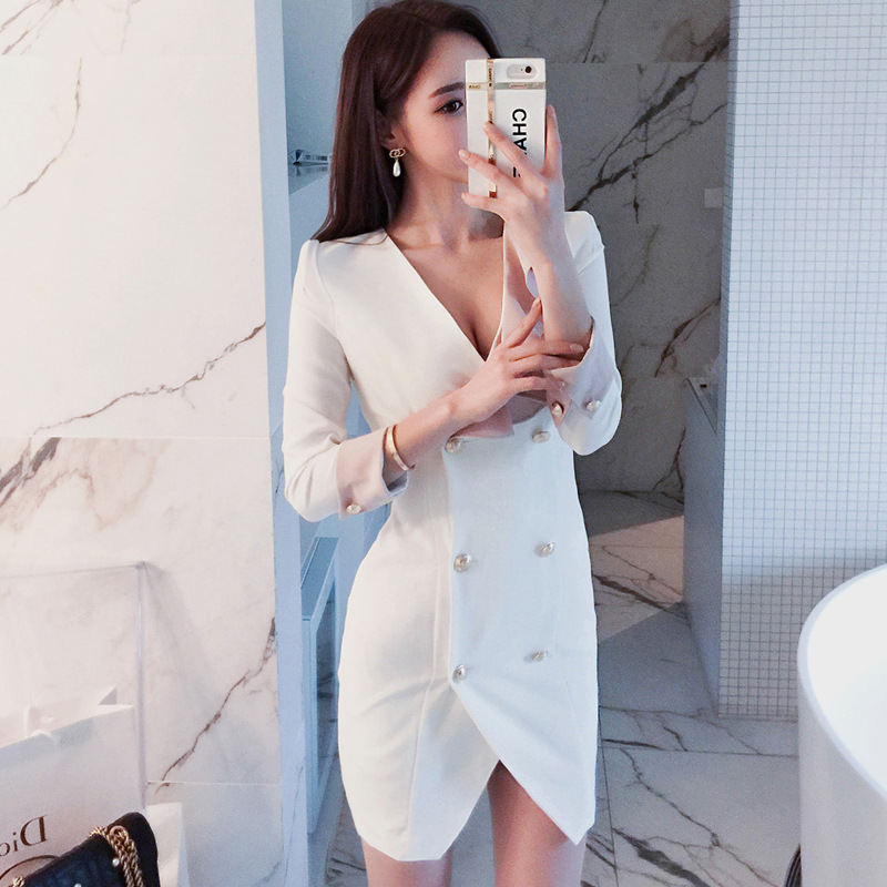 2021 autumn new professional self-cultivation double-breasted V-neck color matching ruffled bag hip dress