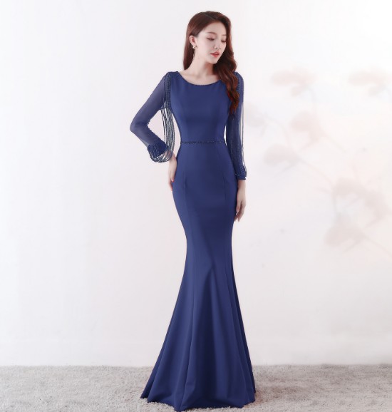 Rhinestone chain fishtail long evening dress