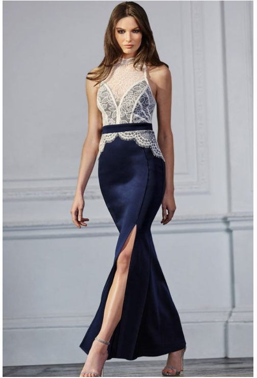 Women Party White Lace Top Slit Blue Petite Maxi Dresses