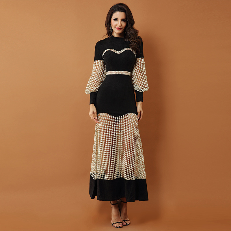 Beaded perspective long sleeve evening dress
