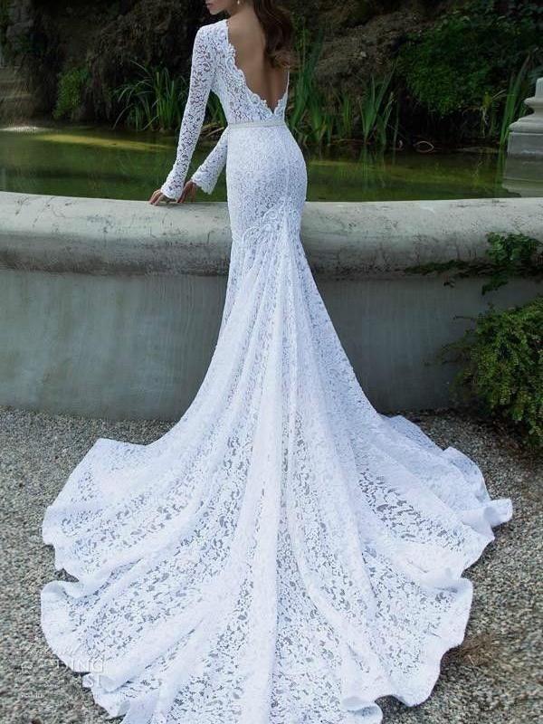 White Lace Long Sleeve Backless Full Length Maxi Dress