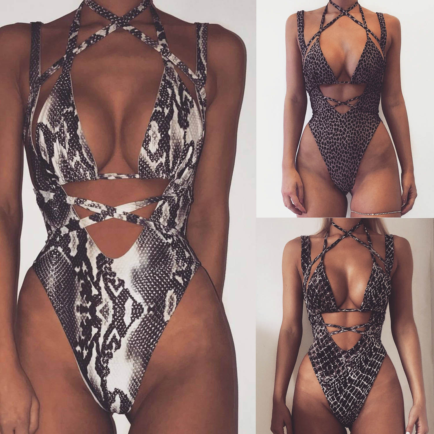 European and American women's sexy signature straps split swimsuit