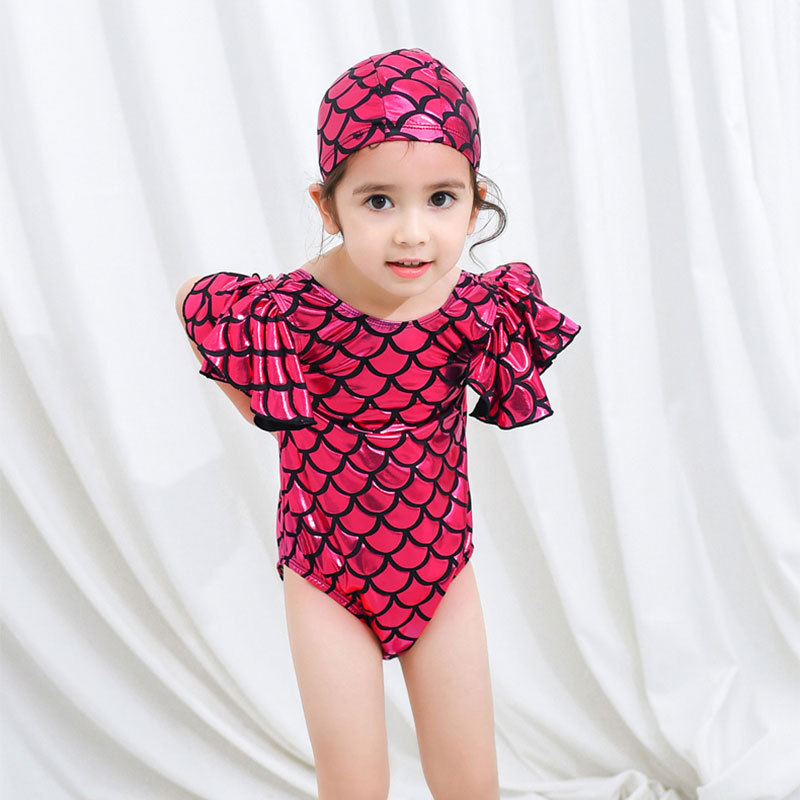 Children's Swimsuit Women Cute Cartoon Triangle Siamese New Trumpet Sleeve Fishscale Swimsuit