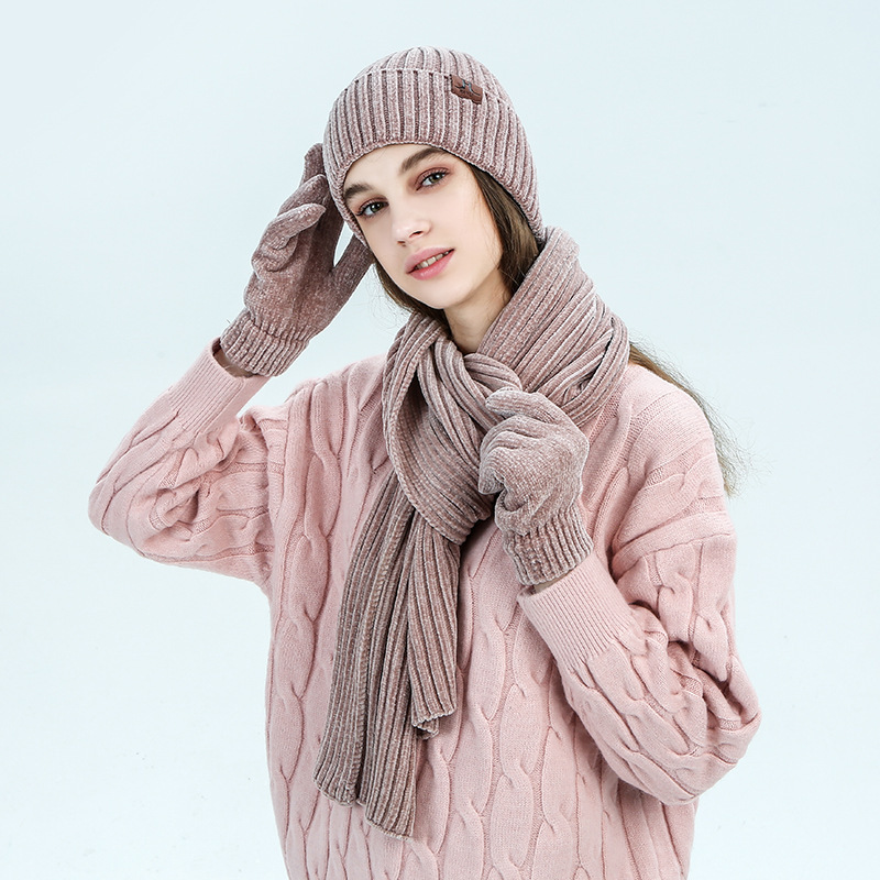 Three Piece Set Of Solid Color Ribbed Knitted Warm Scarf Hat And Gloves