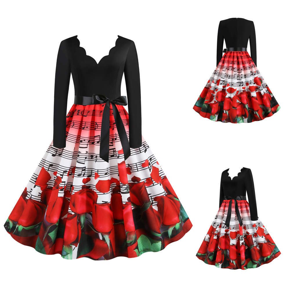 Valentine's Day Burning Flower V Neck Long Sleeve Printed Casual Big Swing Dress