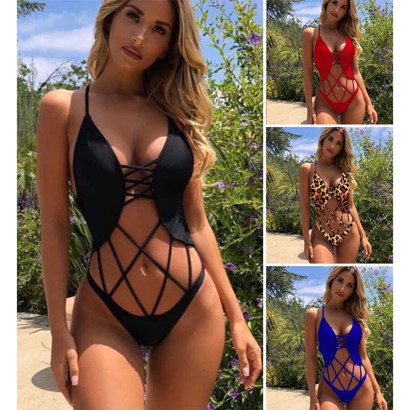 European and American explosions solid color mesh sexy backless one-piece bikini