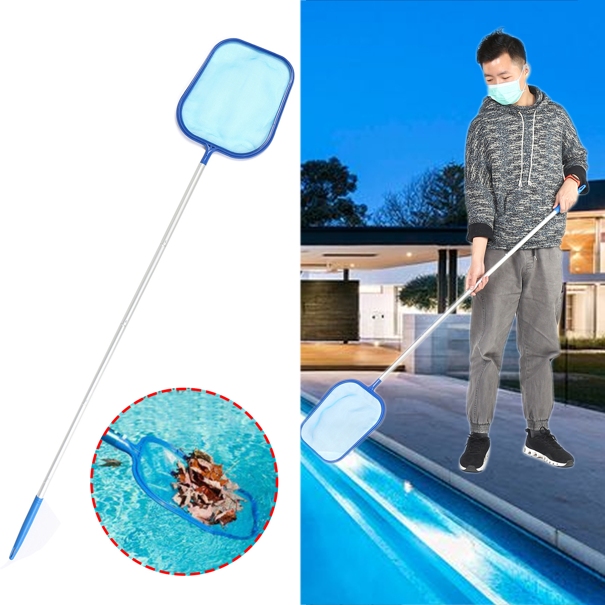 Removable 5 Section Swimming Pool Net Aluminum Telescopic Cleaning Pole Pool Leaf Skimmer Cleaning Tool