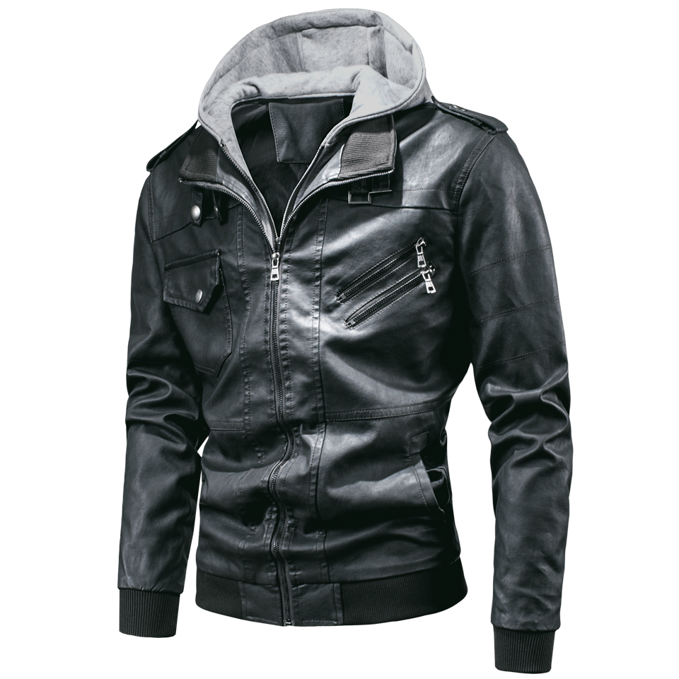 Men's detachable hooded pu leather jacket