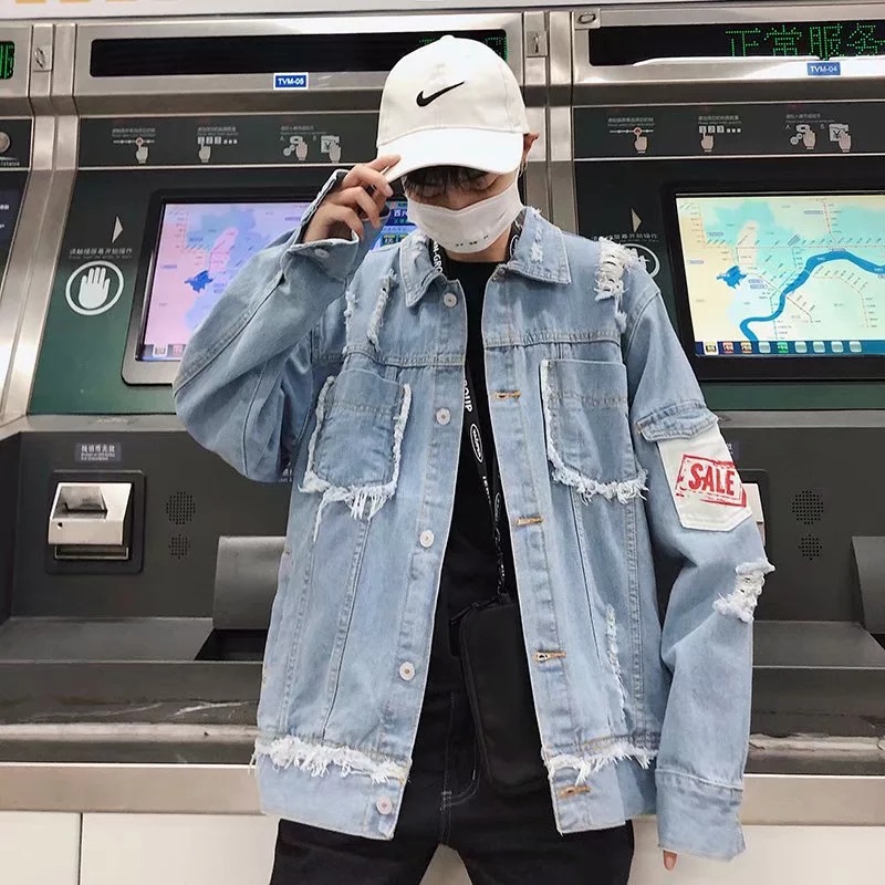 Hole denim jacket flow wear broken denim clothing male