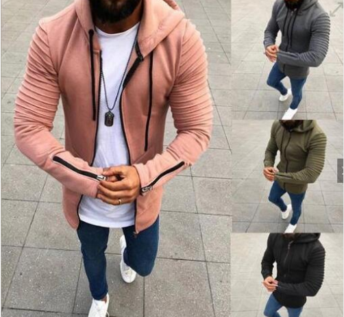 Pleated long sleeve hooded men's sweater