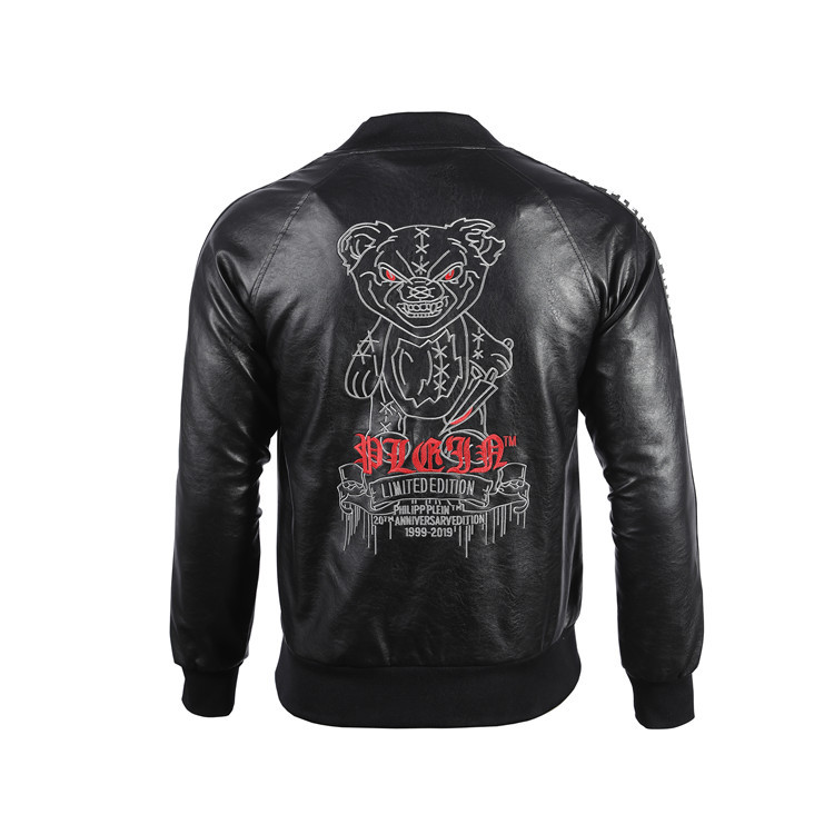 Embroidered printed leather jacket