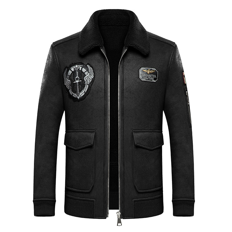 Fur one body men''s embroidered leather coat