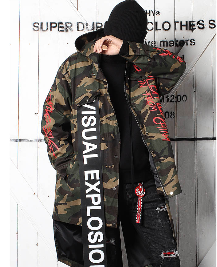 Camouflage webbing trench coat