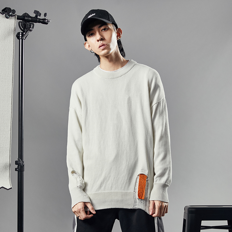 Mens Knitted Pullover Sweater Male Hip Hop Fashion Loose Sweater Streetwear Ripped Destroyed Holes Sweter 8742W