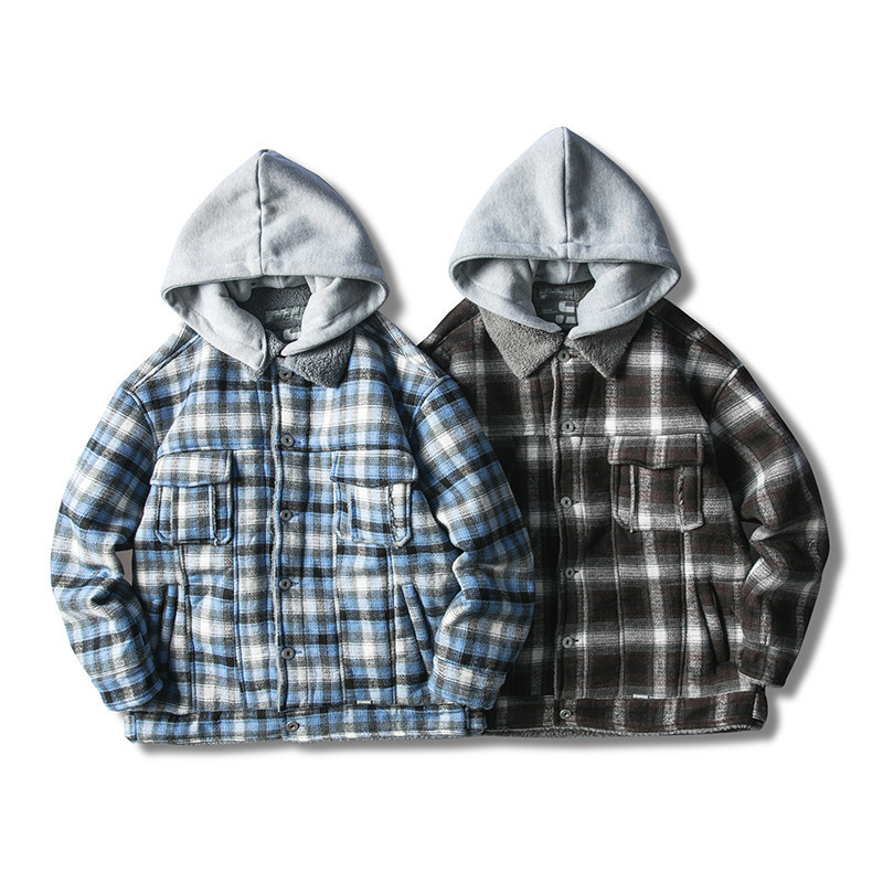 Street tide brand plaid cotton coat men