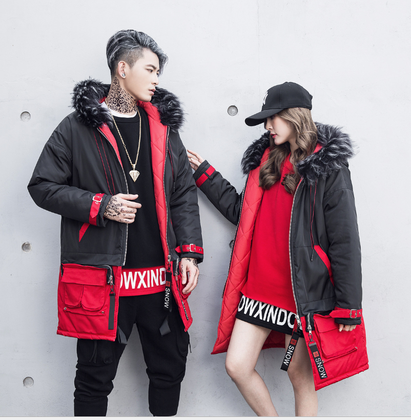 New Korean men's long section large cotton coat tide brand black red color matching down jacket lovers large size coat