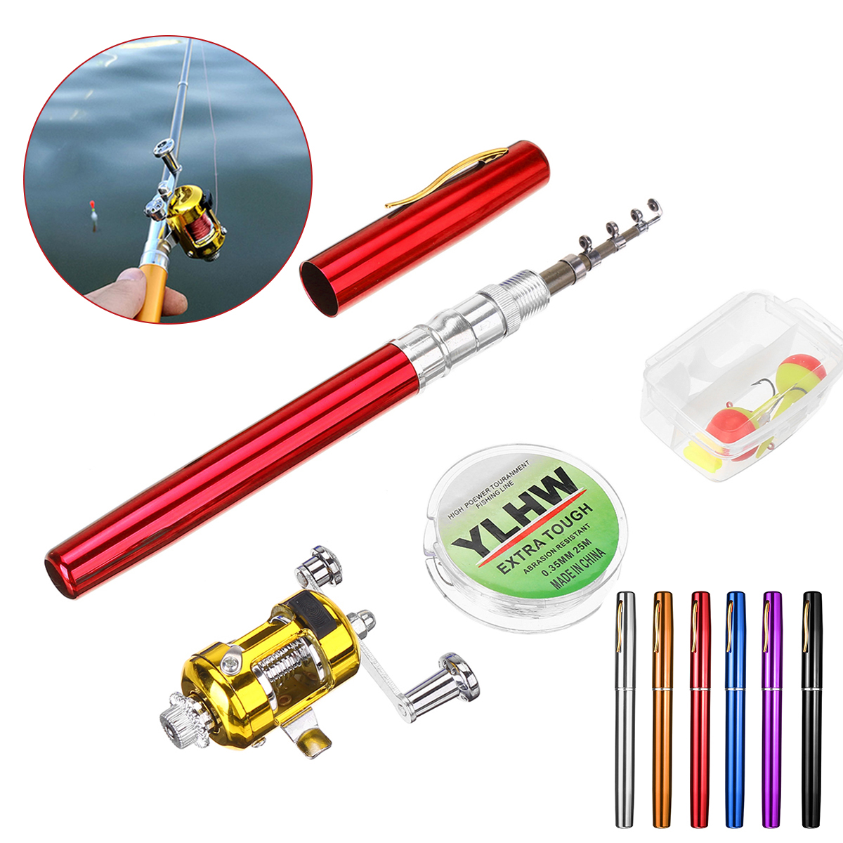 LEO Y4516 Portable Mini Telescopic Pocket Pen Fish Rod Aluminum Alloy Lightweighted Fishing Rod + Reel + Line + Hooks