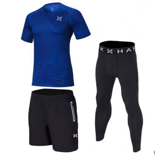 Men's Three-piece Running Suit Sportswear Basketball Training Fitness Compression Tight Shirts+Pants+Shorts 3 Pcs Set