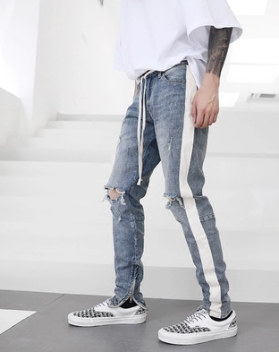 Retro old washed knee hole youth fashion Slim foreign trade original single men's jeans trousers