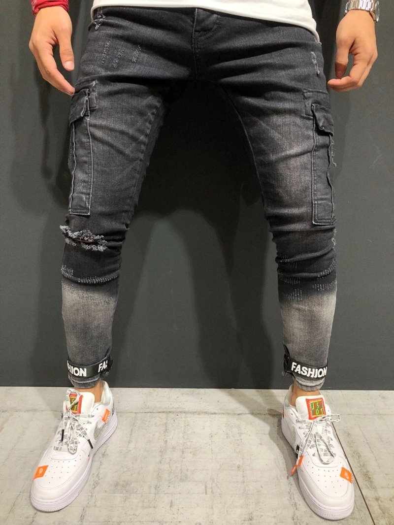 Europe and the United States high street tide models men's hole jeans Slim feet gradient large pocket printing stitching motorcycle pants men