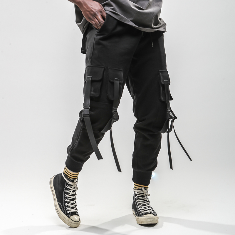 Ribbon belt trousers zipper multi-bag overalls