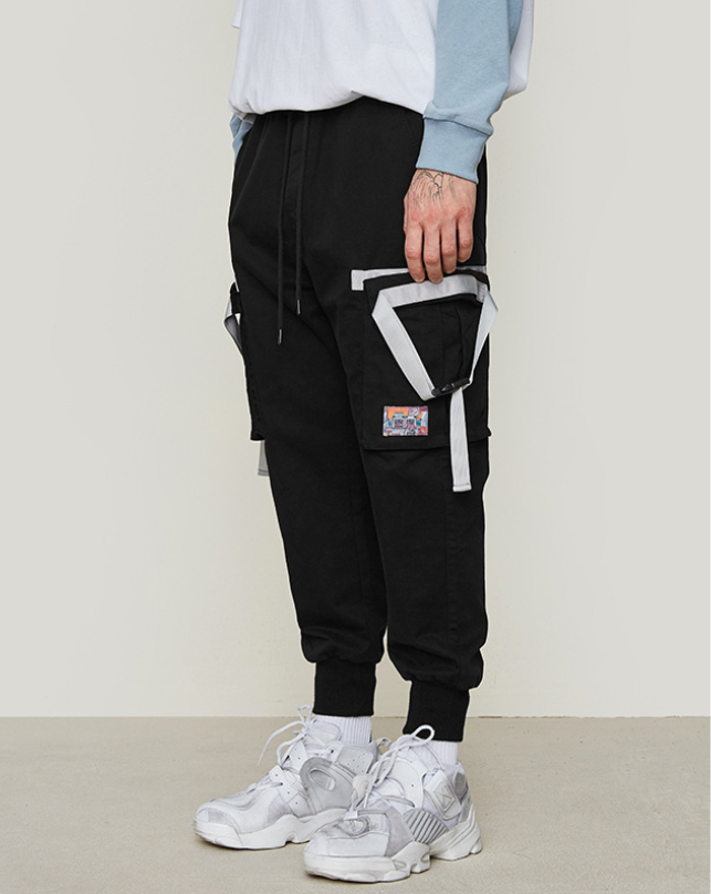 Spring And Summer New European And American Tide Brand Streamers Stitching Multi-bag Men's Elastic Waist Beam Foot Overalls