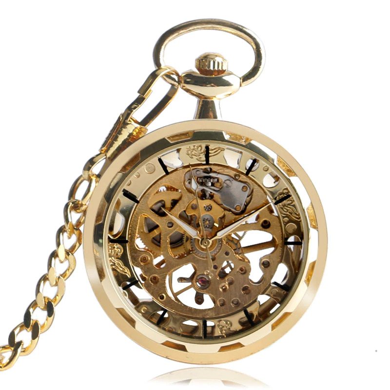 Golden transparent hollow mechanical pocket watch