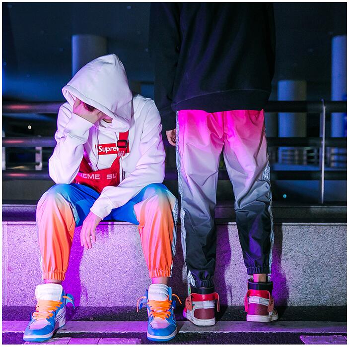 National tide gradient color reflective sports pants men's autumn thin section hip hop beam pants men's tide