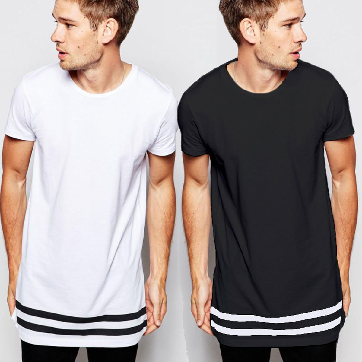 Cross-border for European and American fashion tide men's hem print stripe design round neck short-sleeved men's high street T-shirt AliExpress