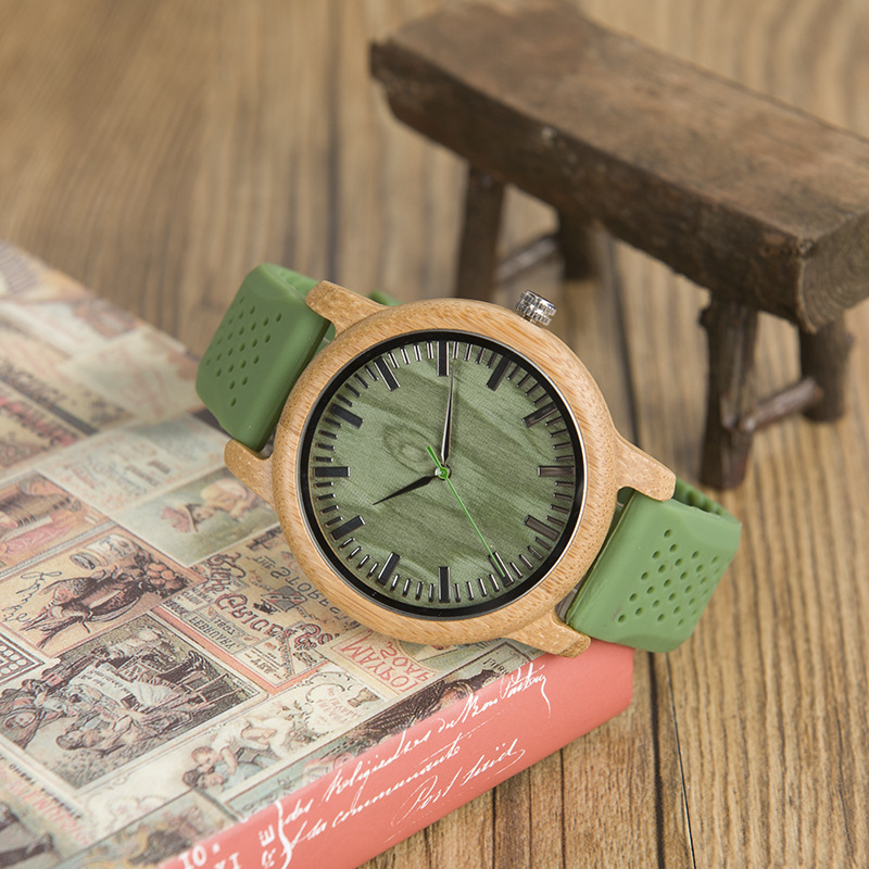 Bamboo Watch Silicone Strap Green Quartz Movement Watch