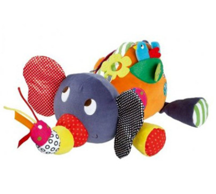 Elephant holding a ring with a bell BB horn paper Children comforting a plush toy.