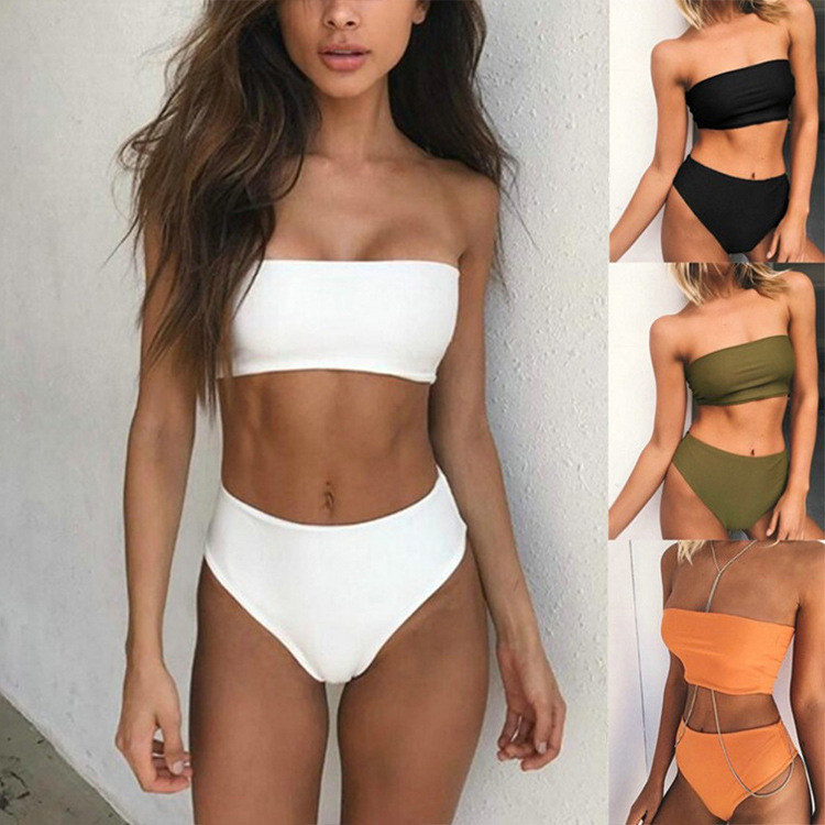 New Bikini Sexy Tube Top Solid Color Swimsuit Women's High Waist