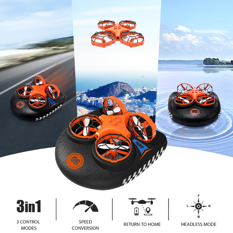 RC Boat Water Land And Air Four-Axis Aircraft Hovercraft Three-in-one Multi-function Toy One-button Tumbling Mini Drone