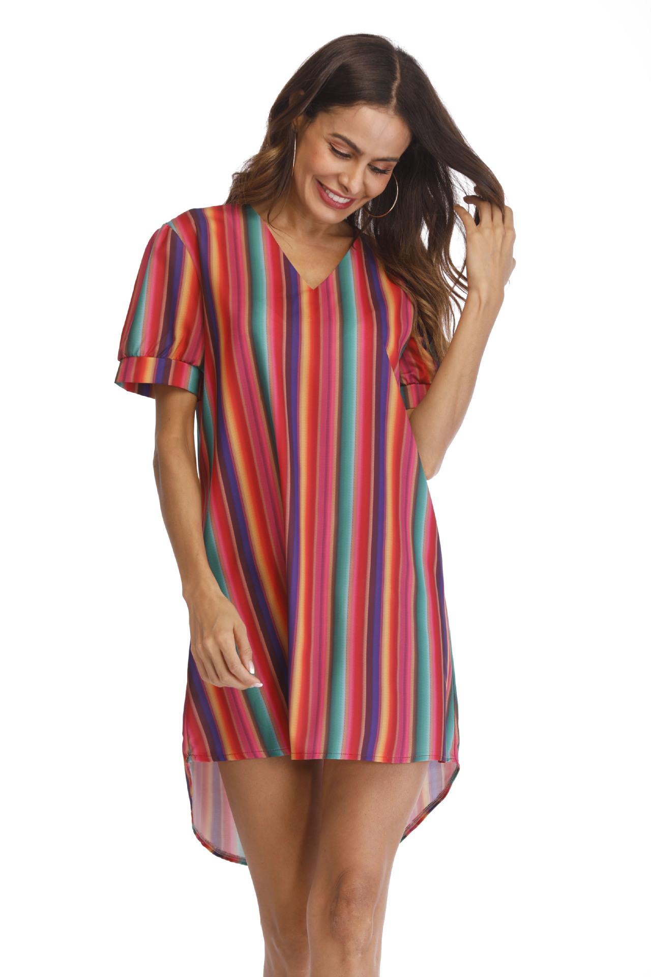 Casual Women dress Autumn Spring Fashion Stripe V-neck Camouflage robe vintage Loose Long Sleeve