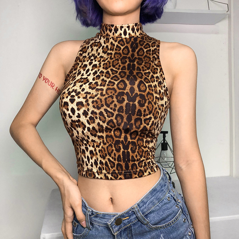 Sexy Leopard small stand collar blouse Slim vest