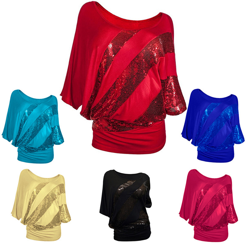 BHflutter New Women Blouse Shirt Batwing Shiny Sequined Cotton Casual Blouses Women Summer Tops Blusas Plus Size S-3XL