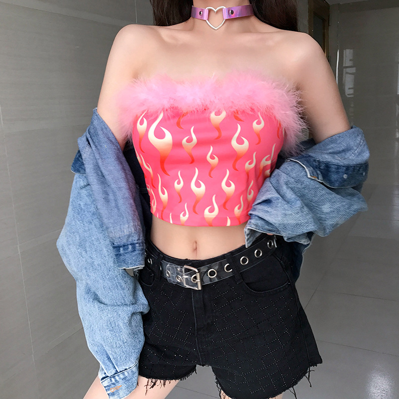 Europe and the United States foreign trade 2021 cross-border fast-selling spring and summer new hot hairy flame bright tube top female a generation