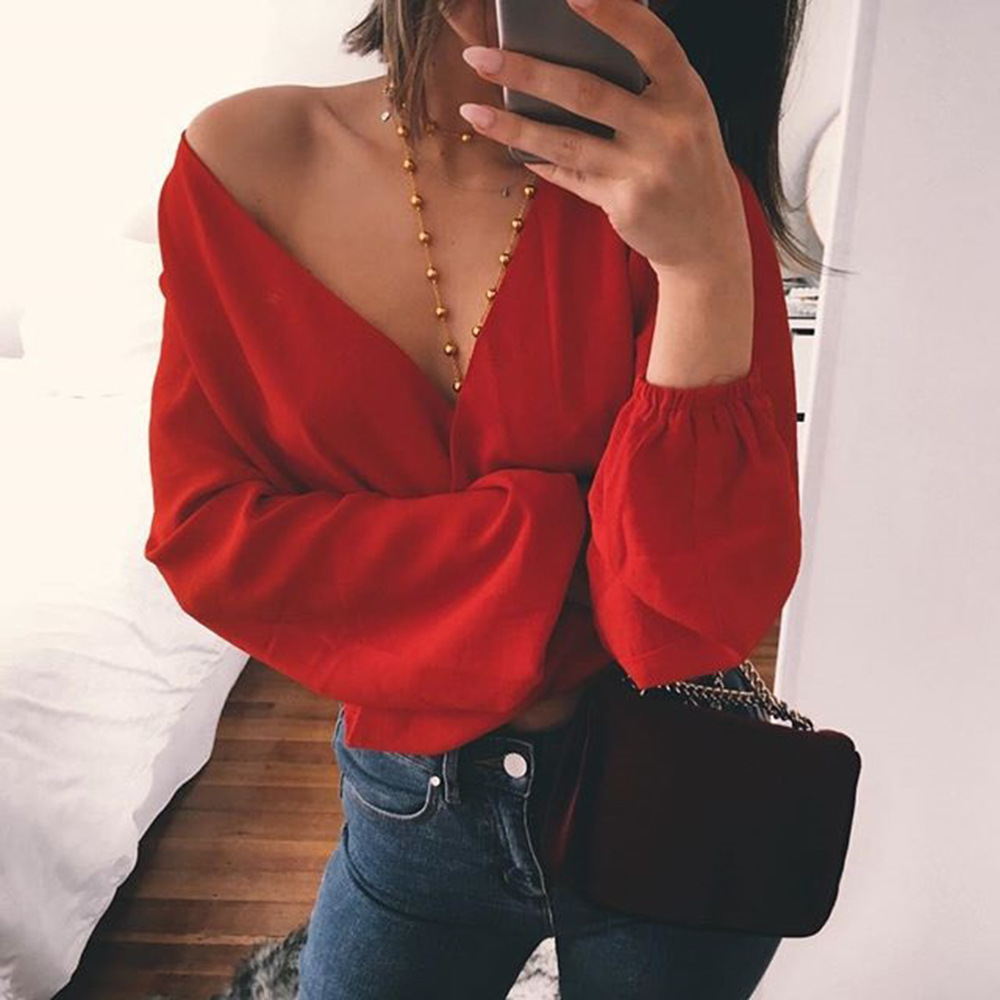 Backless Sexy V-neck Long Sleeve Pullover Chiffon Shirt