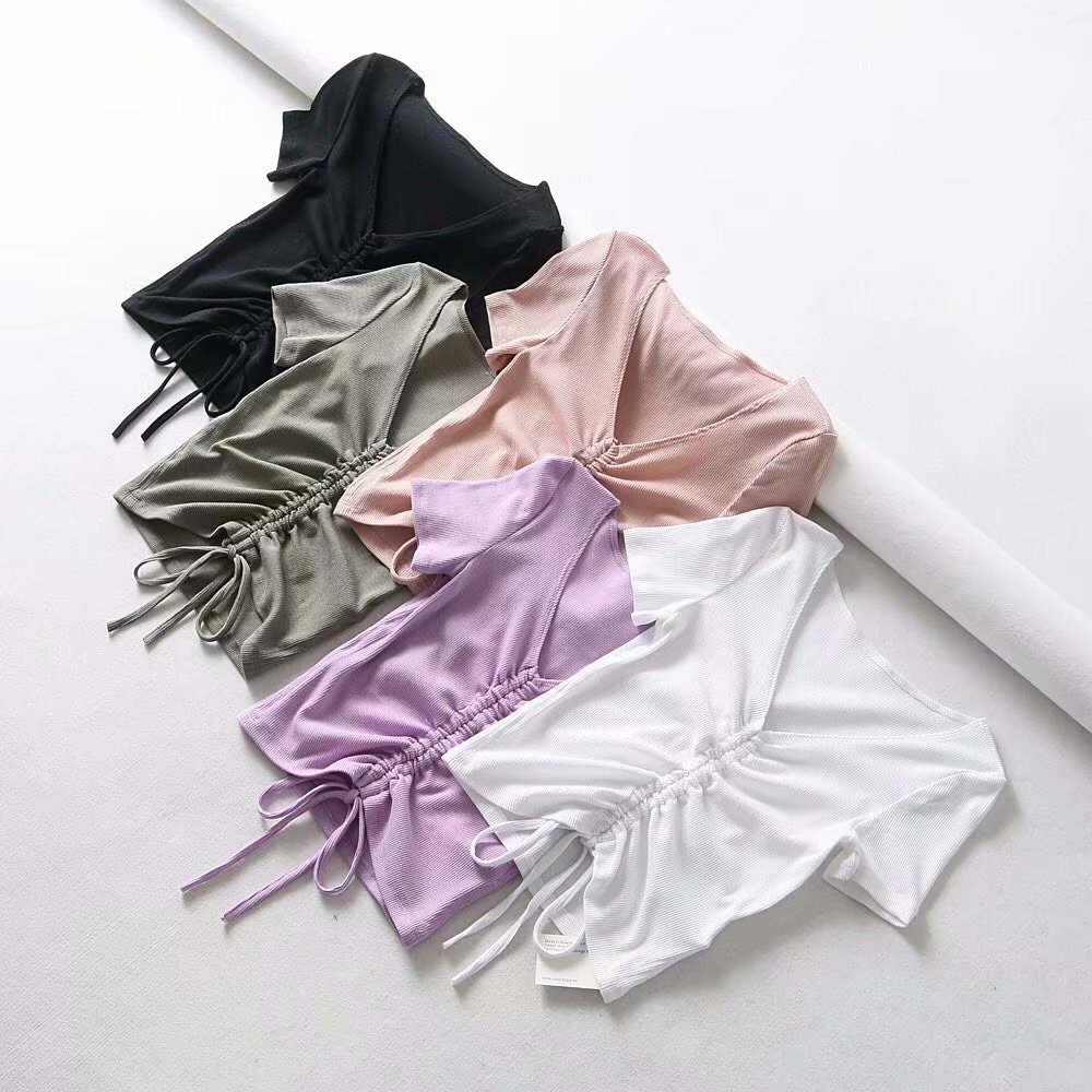 Drawstring V-neck female short sleeve