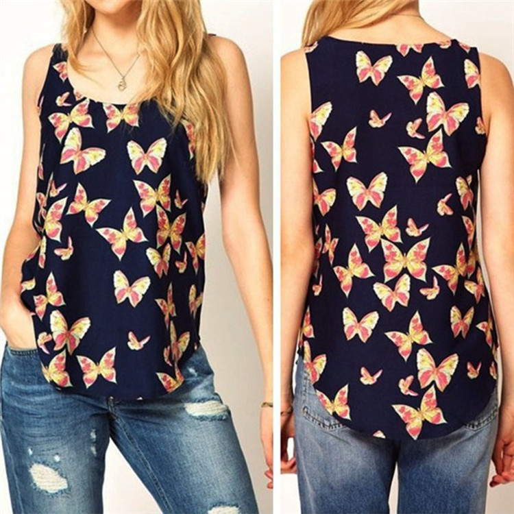 Cross-border special offer for new European and American butterfly print women's vest round neck sleeveless strap chiffon shirt AliExpress explosion models