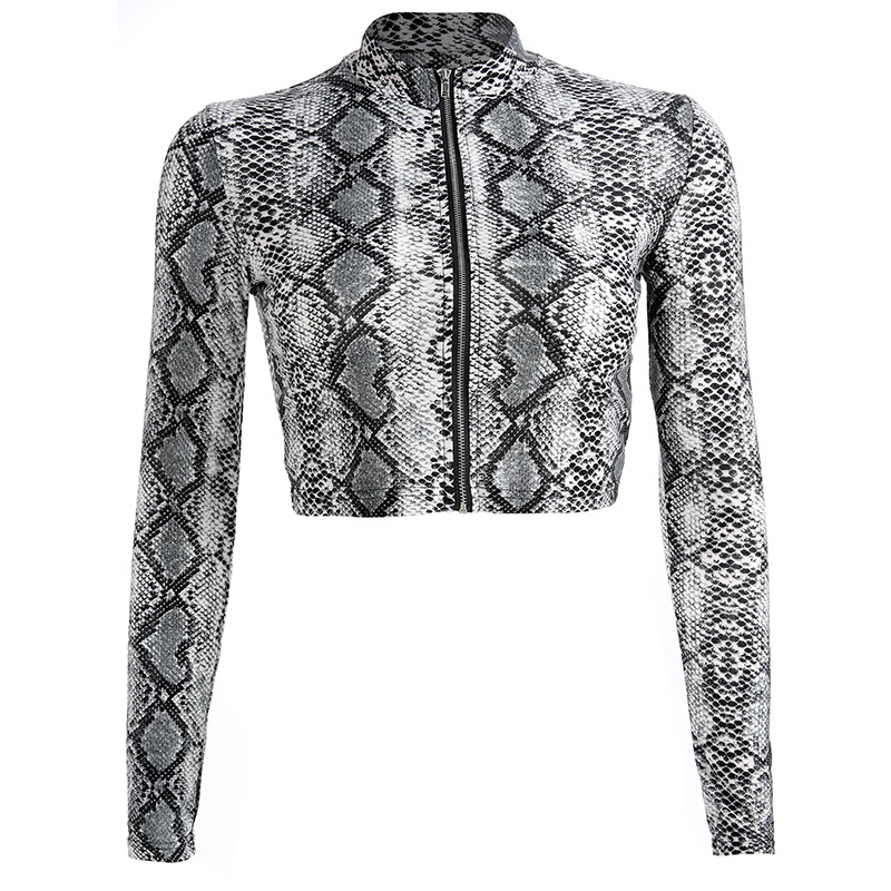 Women's t-shirt snake pattern sexy umbilical zipper slim long-sleeved t-shirt