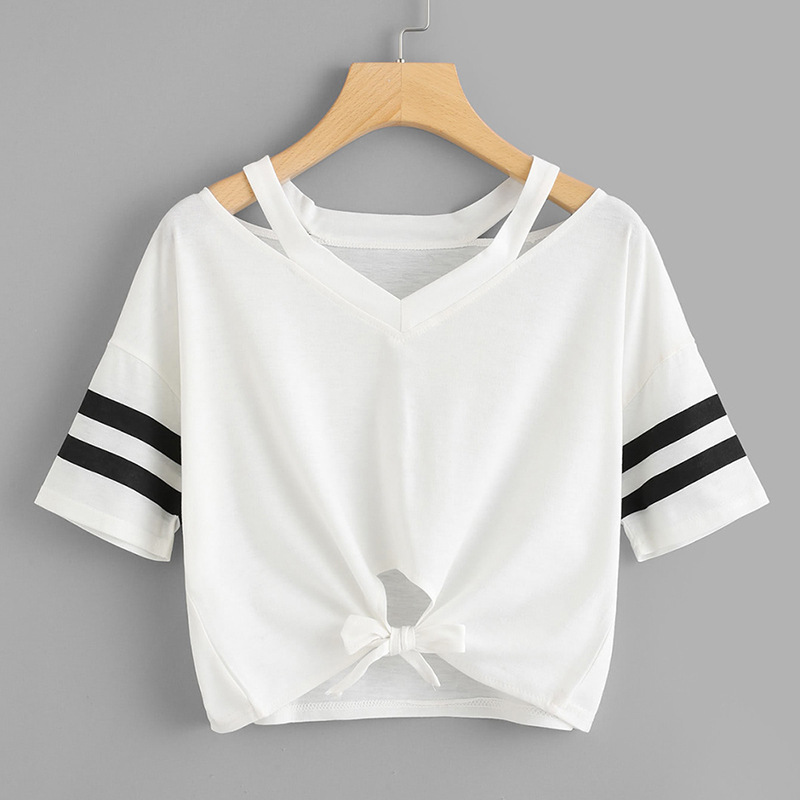 Black and White Sleeve V-neck Strap Short Sleeve T-Shirt