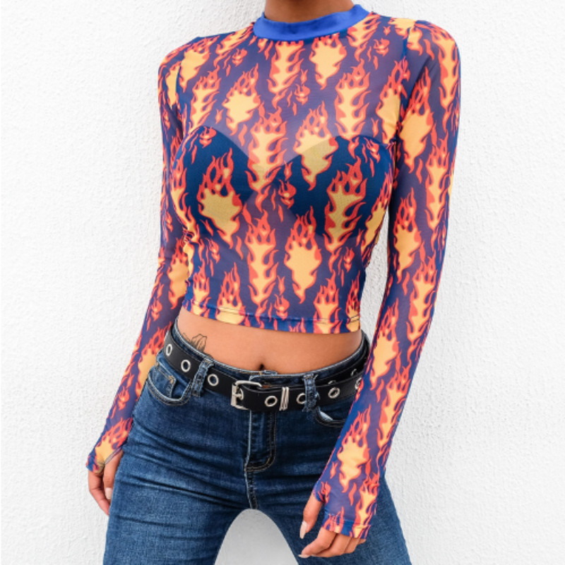 2021ins sexy transparent long-sleeved shirt T-shirt fire-proof printed perspective T-shirt women's street t-shirt spot