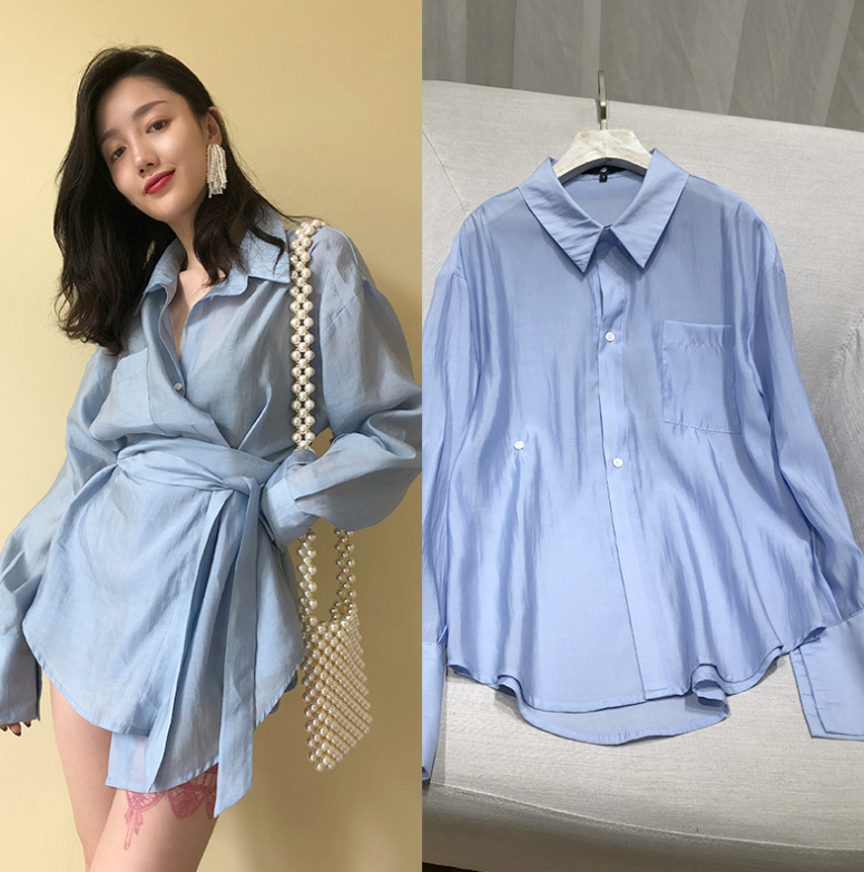2021 spring and summer Hong Kong taste careful machine goddess wind exposed shoulder leak clavicle shirt