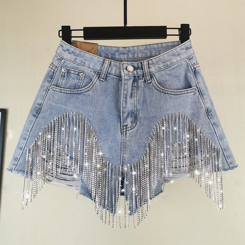 Fringed Chain Jeans Women's High Waist Slim Sexy Shorts European And American Style Heavy Industry Beading Tide