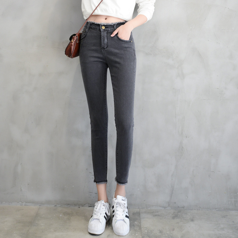 2021 spring new high waist jeans female raw edge nine points trousers split fork pants female student pants