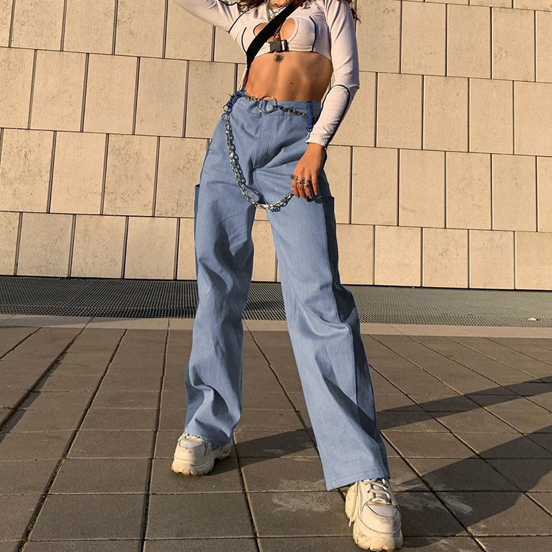 Stitching contrast color high waist casual straight pants