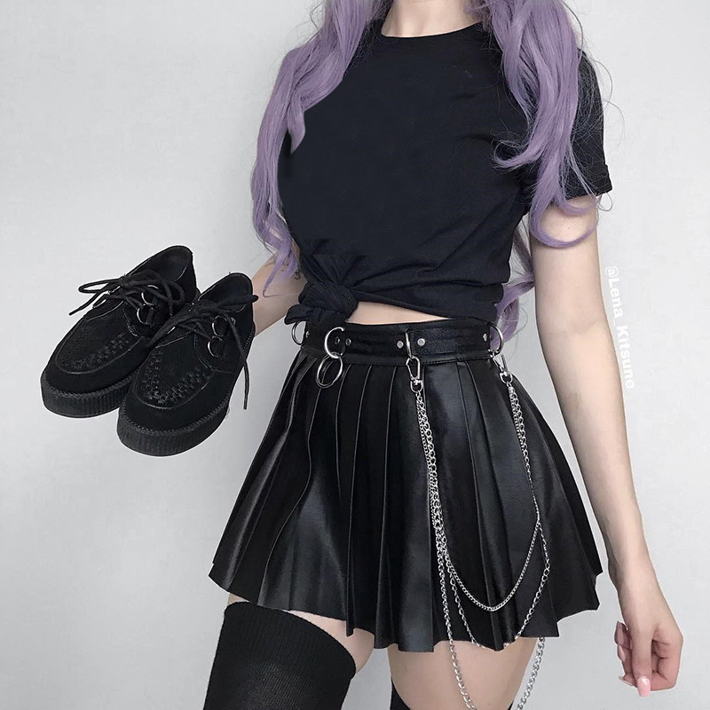 Pleated skirt female punk metallic dark leather leather pleated skirt female high waist slim skirt